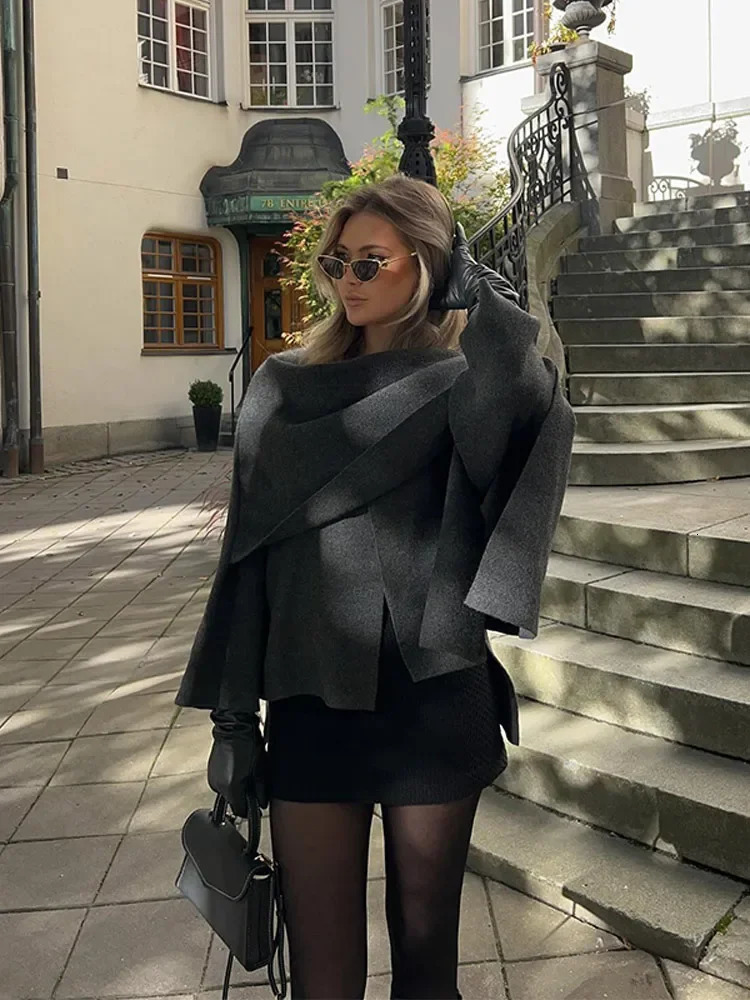 Slanted Shoulder Scarf Collar Woolen Jacket Women Long Sleeves Front Opening Soft Warm Coat Autumn Winter Lady Street Overcoat 241121