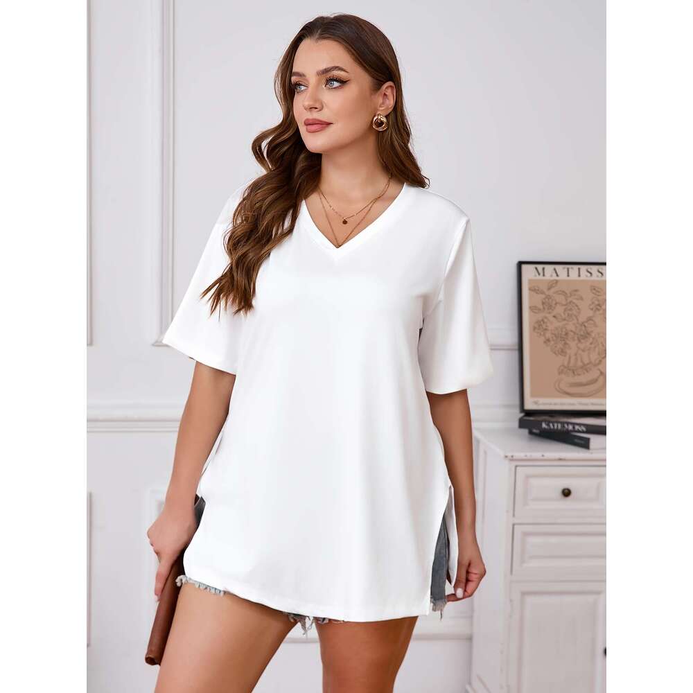 Elegant V-neck T-shirt skirt, side slit, solid color knitted polyester, slightly elastic, versatile top suitable for all seasons