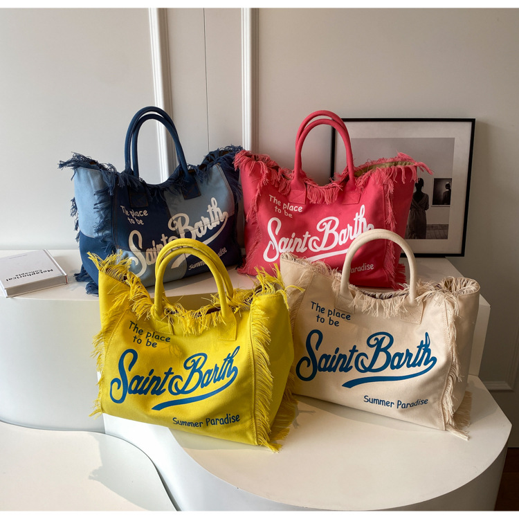 bags Shoulder Bag European American Beach Large capacity Handmade Fringed Denim Printed Tote 50*21*33cm
