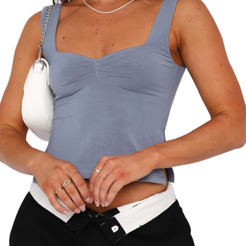Qi Duo Women's Square Neck Solid Color Sexy Versatile Tank Top Can be Underlaid, Slim Fit with Open Waist