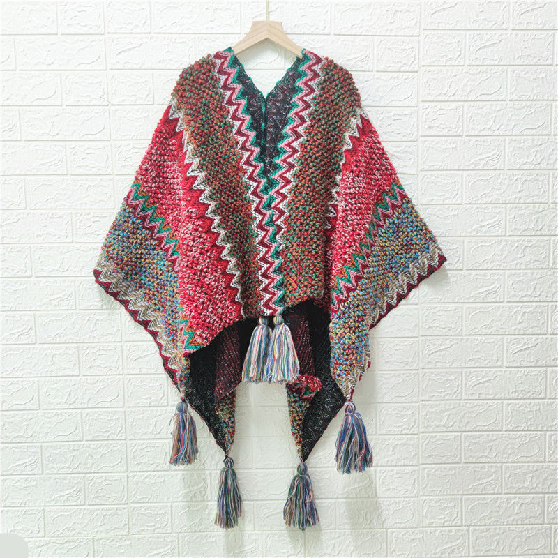New ethnic style shawl pullover, tassel cardigan, colorful loose textured knitted sweater, designer cape jacket