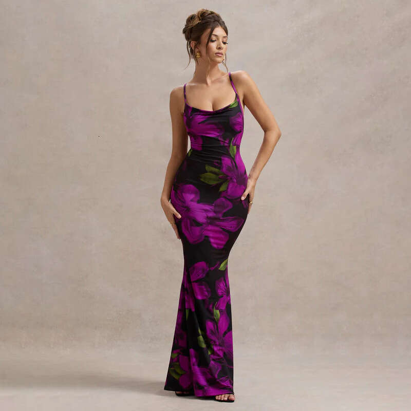 2024 style new dress with floral print, cross shoulder straps, exposed back, slim fit, and long skirt inside