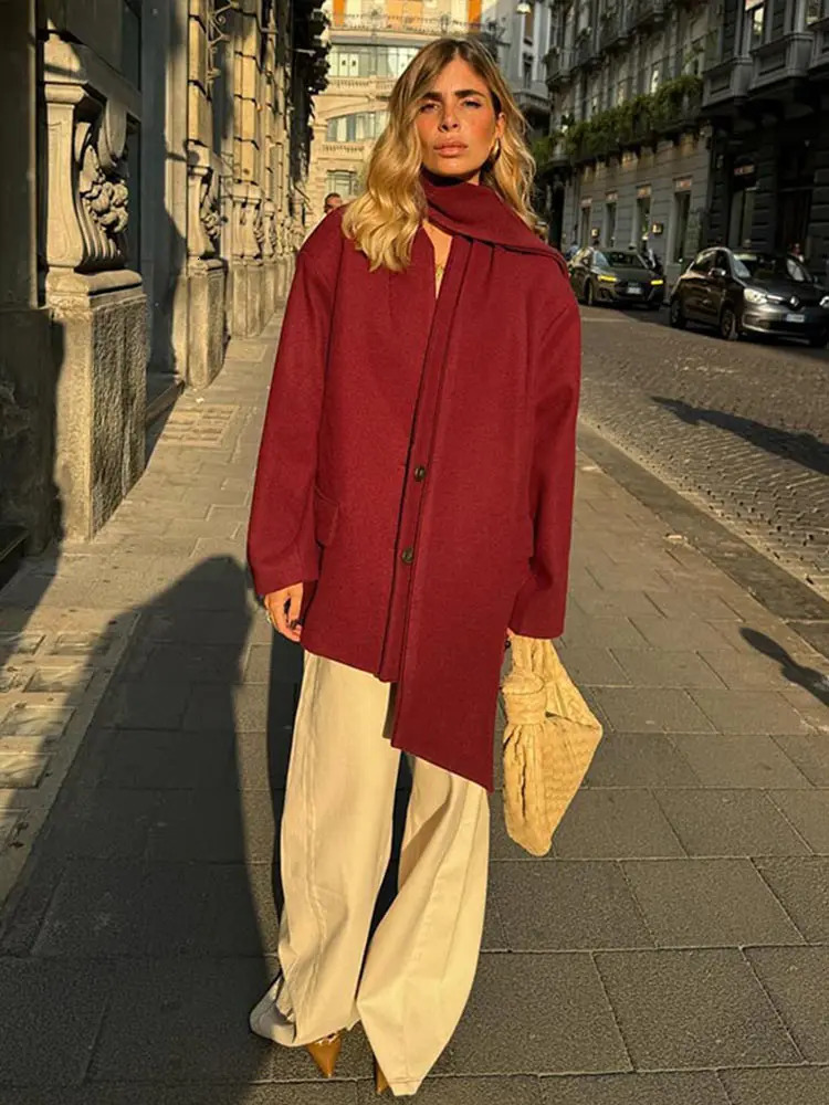 Burgundy Red Woolen Suit Jacket With Scarf Collar Women Chic Oversized Flip Pockets Solid Coats High Street Lady Streetwear 241121