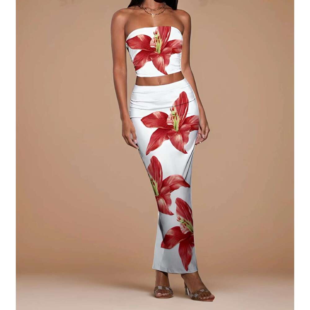 2024 Fashion Flower Printed Multi Color Temperament Slimming Set with Skirt Mask and Hip Wrap