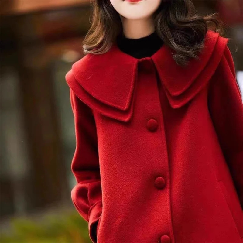 Womens Wool Coat 2023 Autumn Winter Korean doll Double layered collar Mid length Single breasted Femme Woolen Outerwear 241121