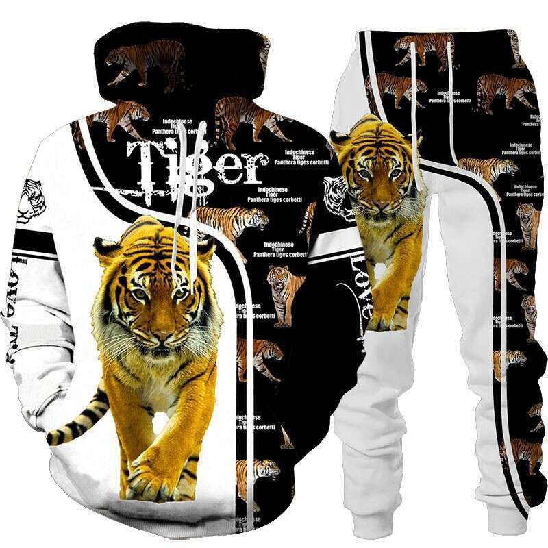 2024 new tiger 3D printed hooded casual loose hoodie set for spring autumn European and American men's hoodies