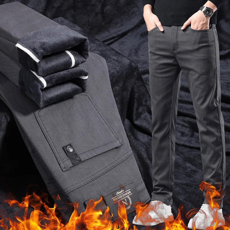 2024 Winter Fleece Casual Pants Mens Straight Slim Thick Warm Male Business Fashion Elastic Comfort Velvet Trousers 241120