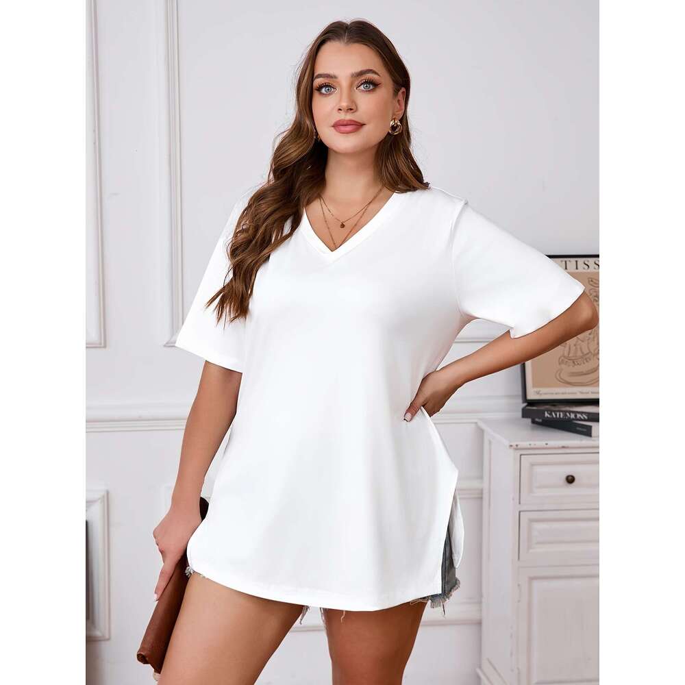 Elegant V-neck T-shirt skirt, side slit, solid color knitted polyester, slightly elastic, versatile top suitable for all seasons