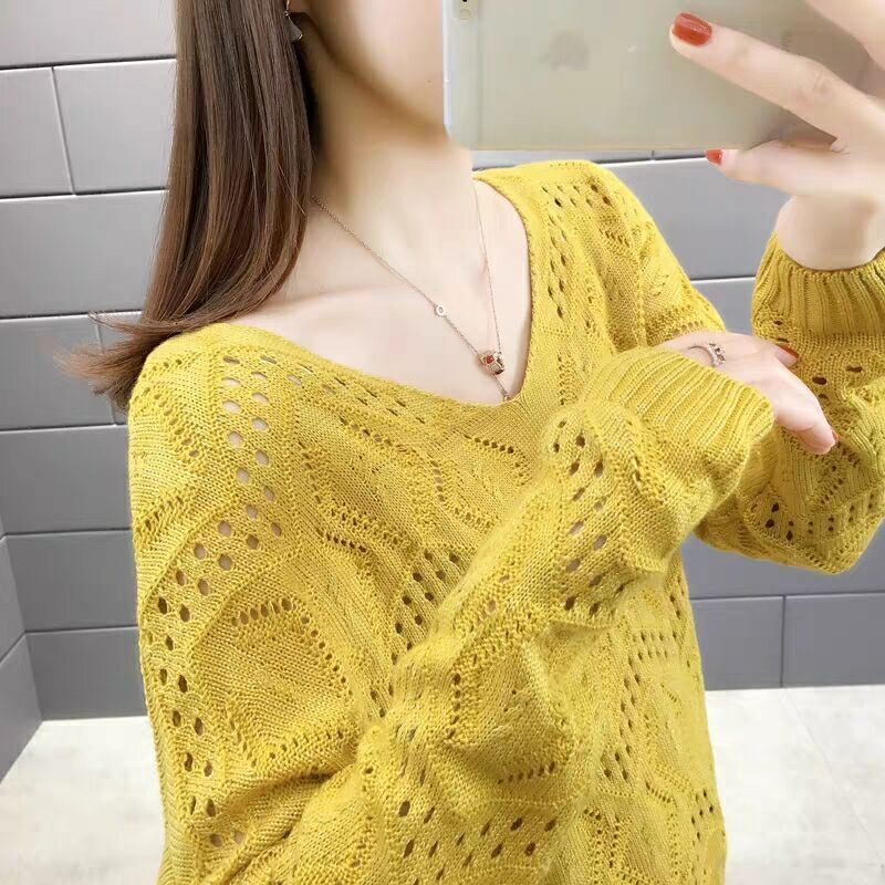 New hollowed out knitted women's new pullover with spring and autumn collar top, loose long sleeved thin designer sweater bottom shirt