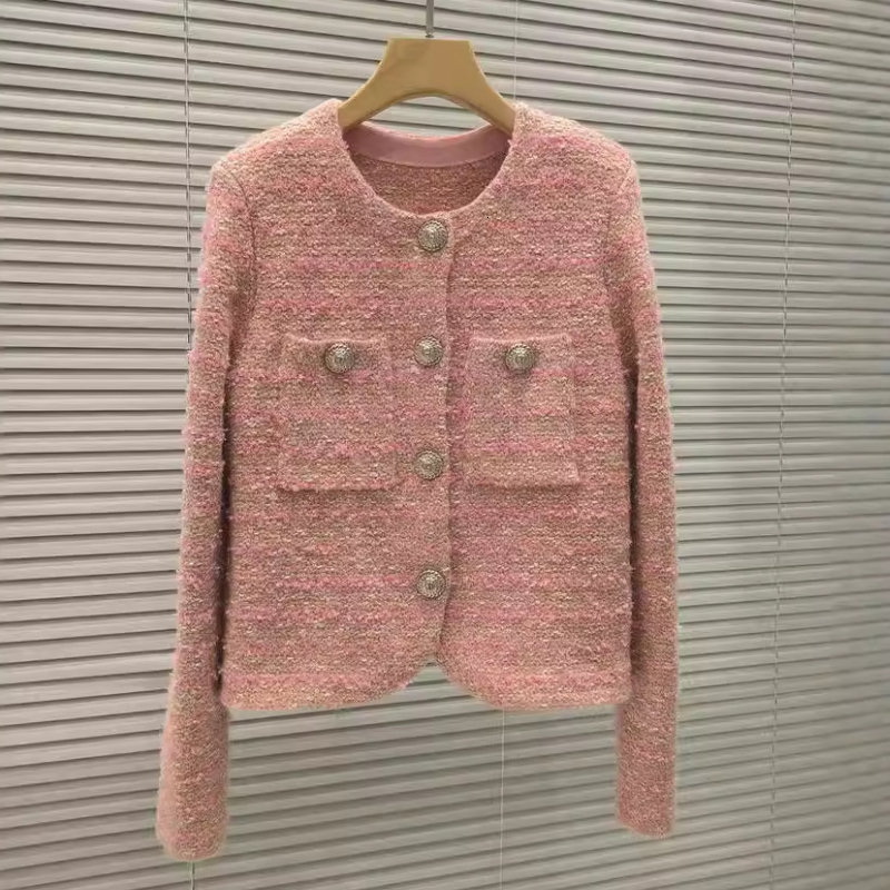 Women's Vintage Tweed Coat Long Sleeves Round Neck Knitted Metal Buttons Elegant Top