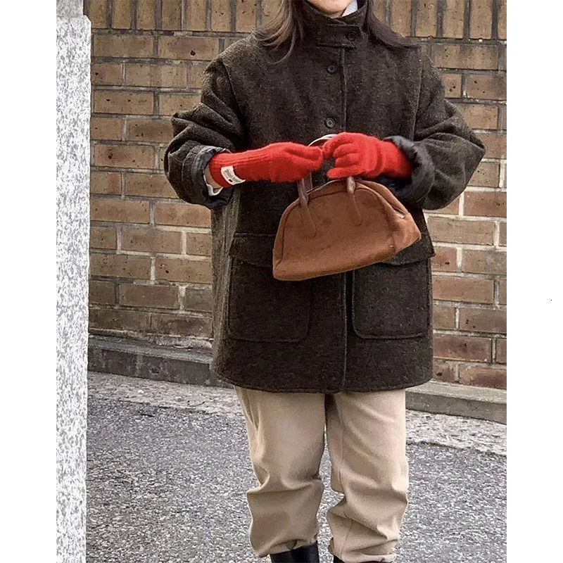 Hazelnut Herringbone Pattern Retro Wool StandUp Collar Medium And Long Small Coat Early Autumn Woolen Women 241121