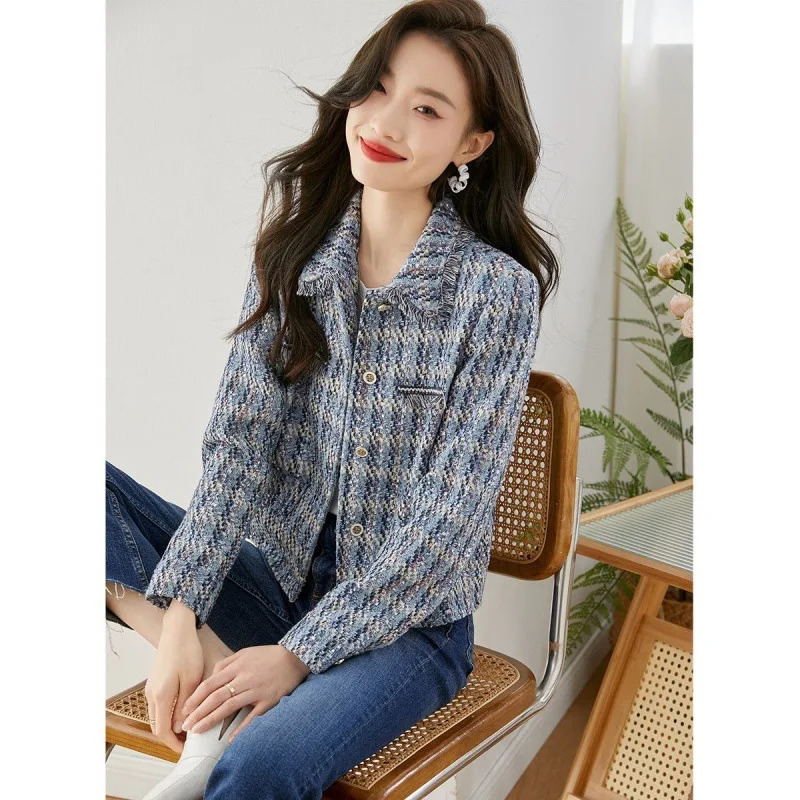 Vimly Plaid Tweed Cropped Jacket For Women 2024 Spring Patch Denim Design Elegant Fashion Lady Short Coat Female Outerwear Q101