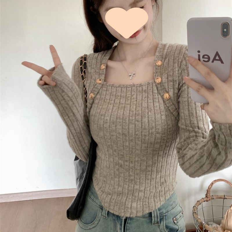 Winter new French square collar long sleeved women's knitted sweater high-end slim fit short fashion top designer sweater