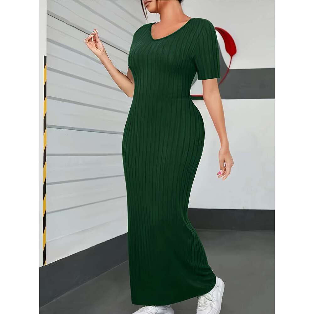 Large ribbed solid color tight elegant V-neck short sleeved dress, spring and summer, women's plus size clothing