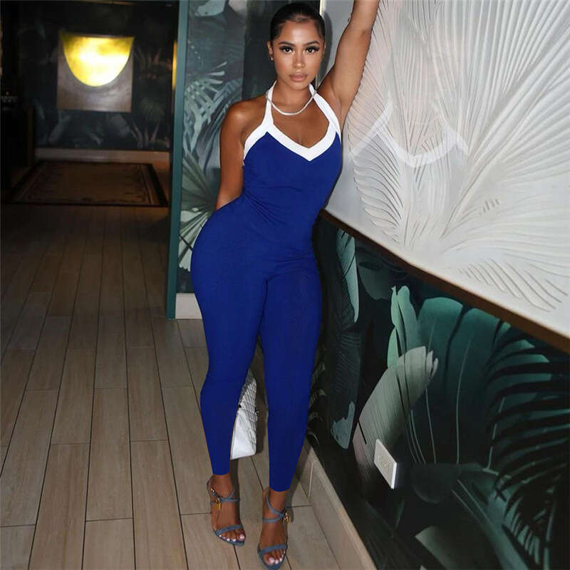 2024 autumn and winter new color blocking slim fit backless hanging neck top, high waist tight pants fashion set