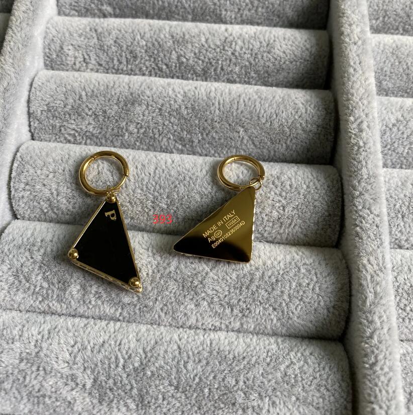 2025 Diamond tri-angle symbole design black stud hoop women 18K gold silver letter logo engrave dangle earrings girls wedding jewelry