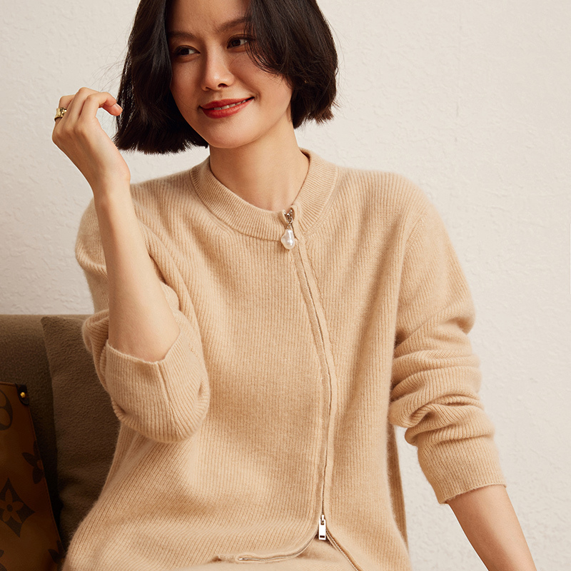 Double Zipper Cardigan Women's Autumn Winter French Fashion Long Sleeved Solid Color Round Neck Cashmere Knitted Jacket