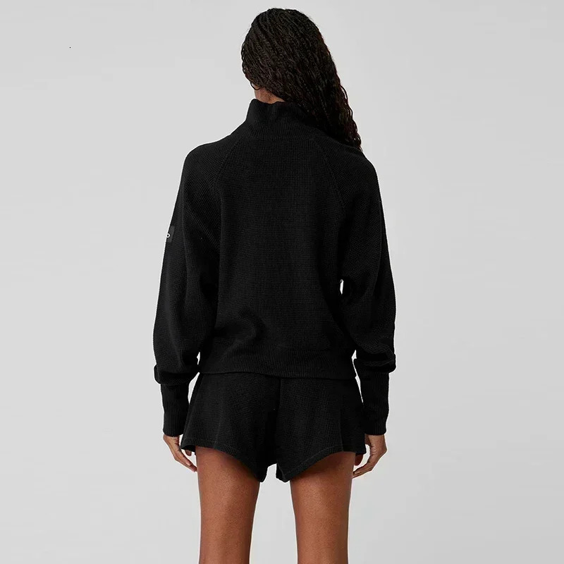 2024 Yoga Jogger Set Waffle Weekend Escape Mock Neck Long Sleeve Solid Color Casual Fashion Shirt