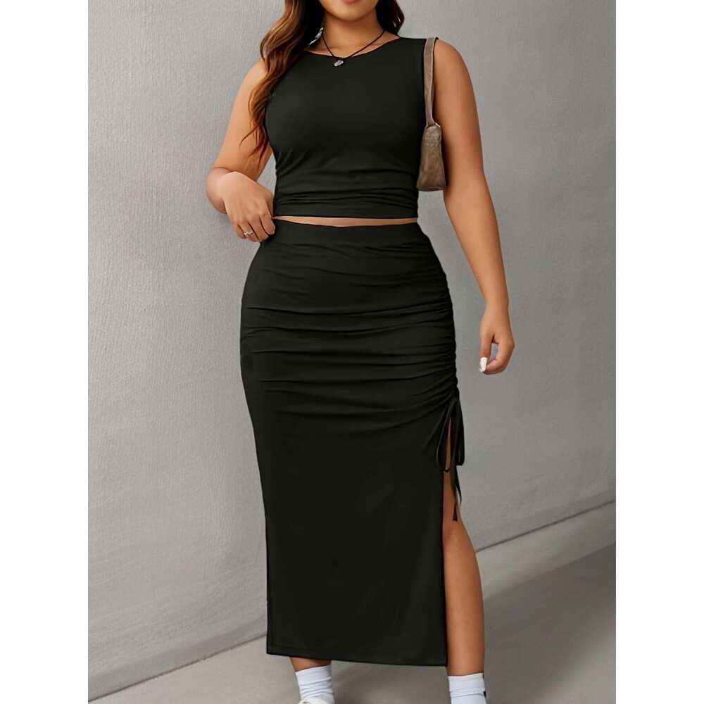 Large solid pleated two-piece set, round neck vest and slit skirt, women's plus size clothing