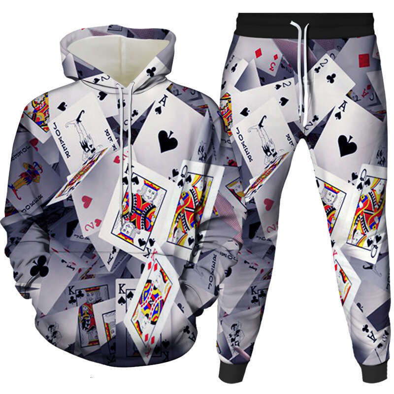 2024 Autumn/Winter Poker Series 3D Printed European American Trendy Men's Women's Hooded Hoodie and Pants Set