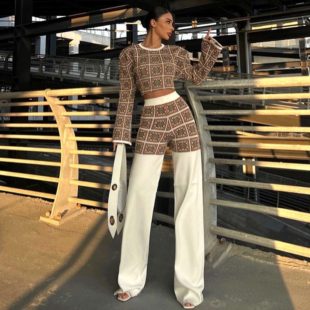 Women's autumn and winter ethnic style printed checkered long sleeved short top, high waist straight leg pants set