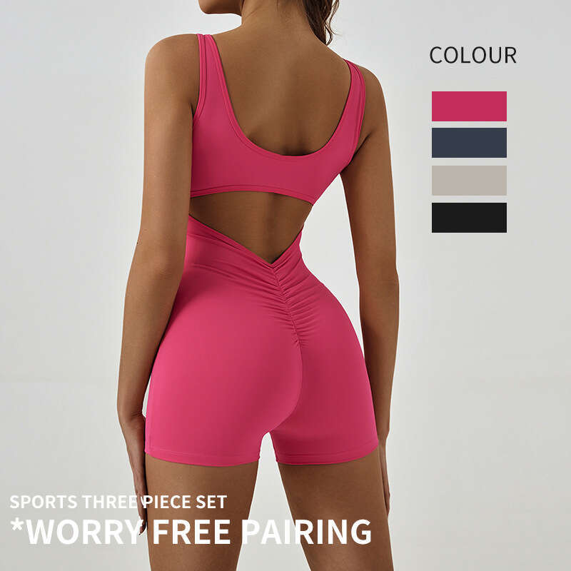 European and American solid color tight fitting sleeveless vest sports fiess running jumpsuit, three part pants, yoga suit