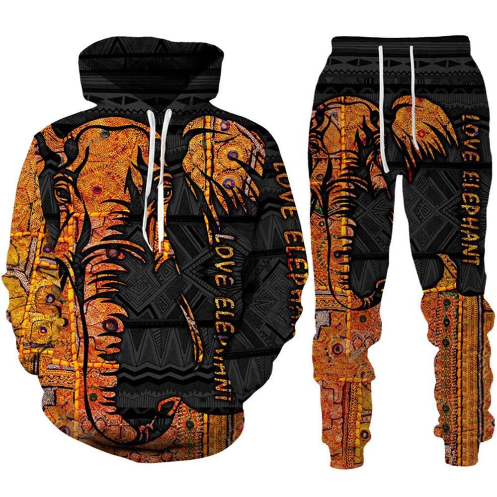 2024 Autumn/Winter Men's Elephant Pattern 3D Printed Long Sleeve Hoodie, Sweatshirt, Pants, Animal Set