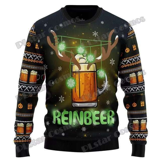 Autumn Winter Happy Beer 3D Digital Printing Ugly Christmas Men's and Women's Casual Round Neck Hoodie