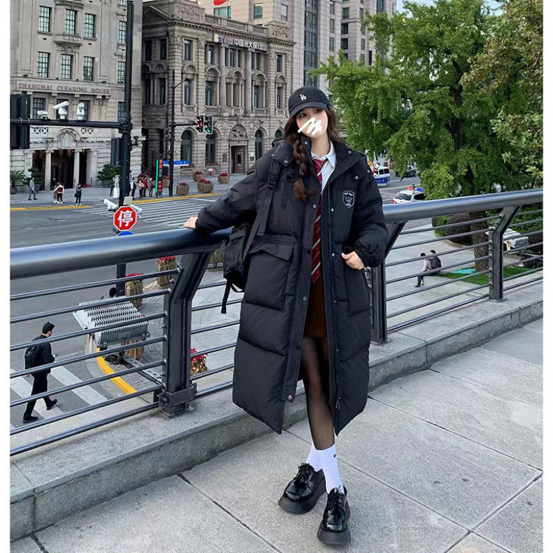 Fashion versatile designer winter Korean drama female student black hooded knee high mid length down thickened cotton coat jacket