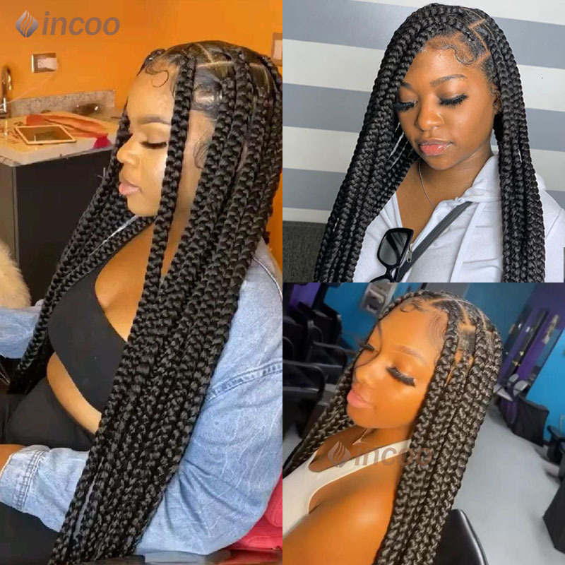 36" Full Synthetic Long Braided Wigs With Baby Hair 360 Lace Front Box Braids Black Mix Bury Wig