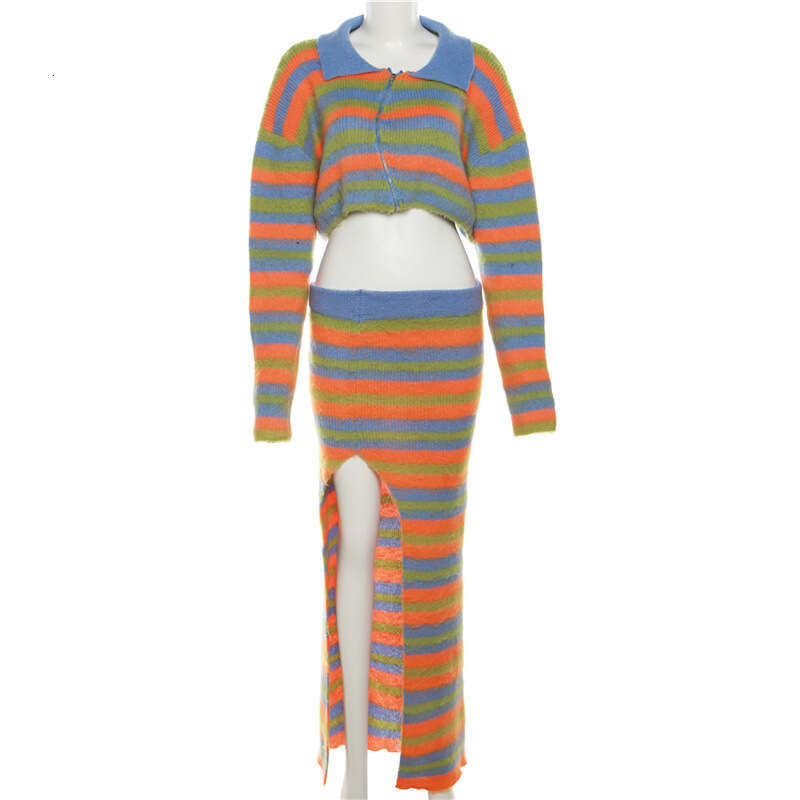 Feng 2023 Autumn Women's New Sexy Knitted Stripe Contrast High Waist Slimming Long Split Skirt