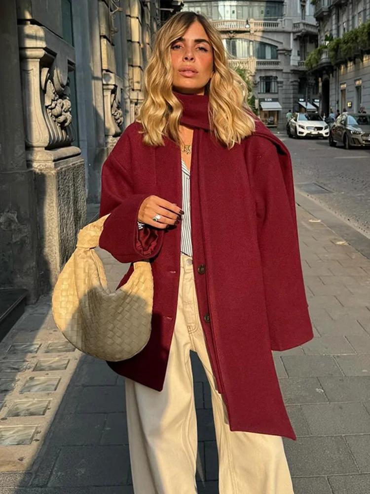 Burgundy Red Woolen Suit Jacket With Scarf Collar Women Chic Oversized Flip Pockets Solid Coats High Street Lady Streetwear 241121