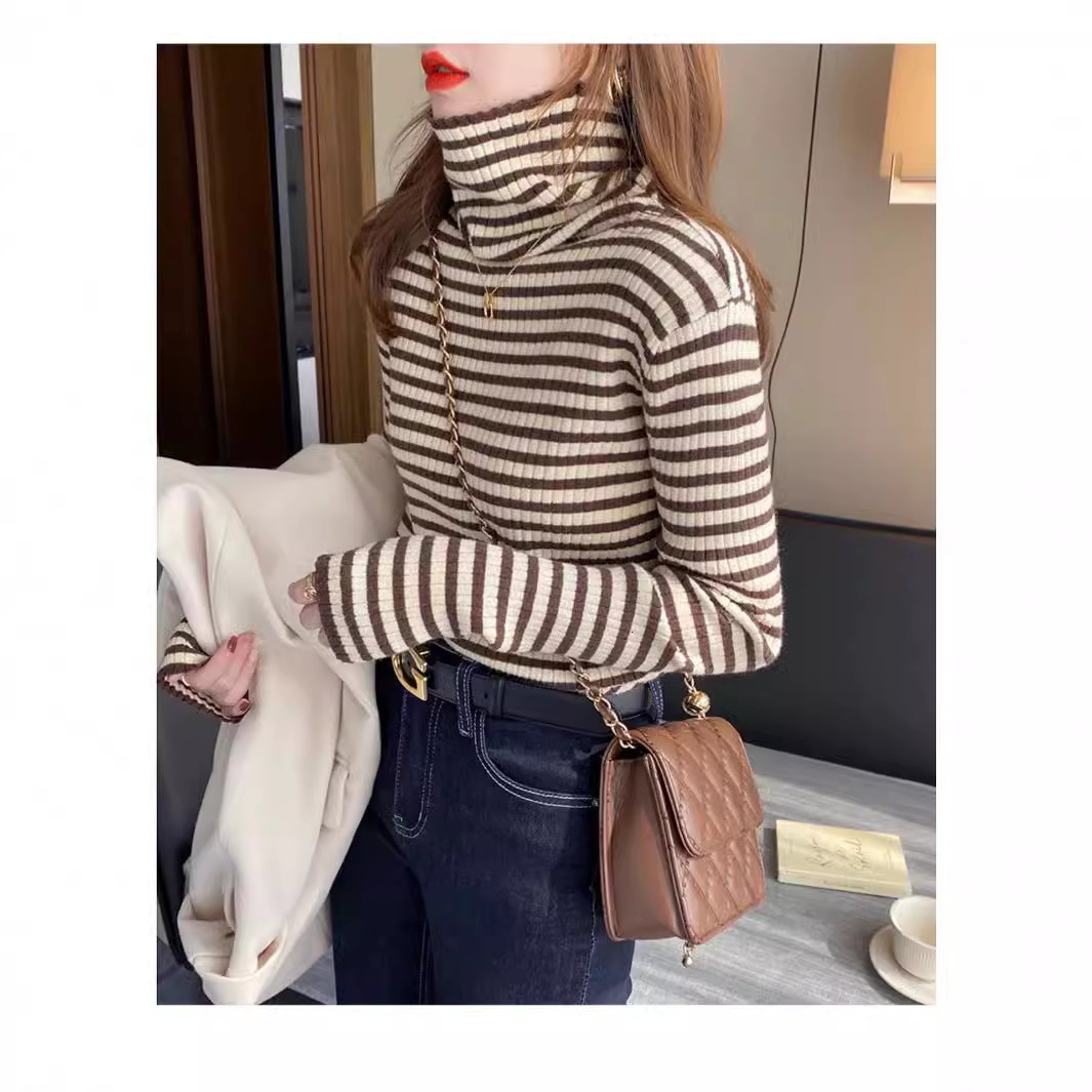 New autumn and winter striped women's shirt stand up collar slim fit fleece knitted sweater high elasticity designer warm vest