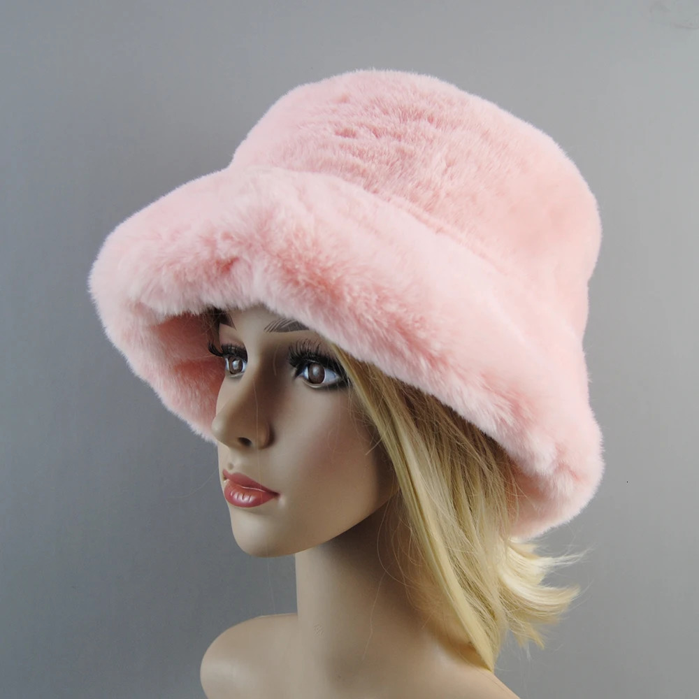 Rabbit Fur Hats 2024 Russian Fashion Ski Beanies Plush Solid Color Style Super Soft Women Winter Hat Cotton Lining Warm 241125