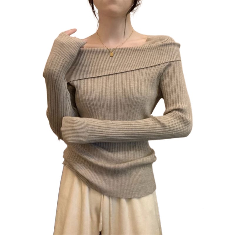 New high-end niche design lapel, single shoulder, autumn and winter women's slim fit versatile knitted sweater, new spicy designer girl's to