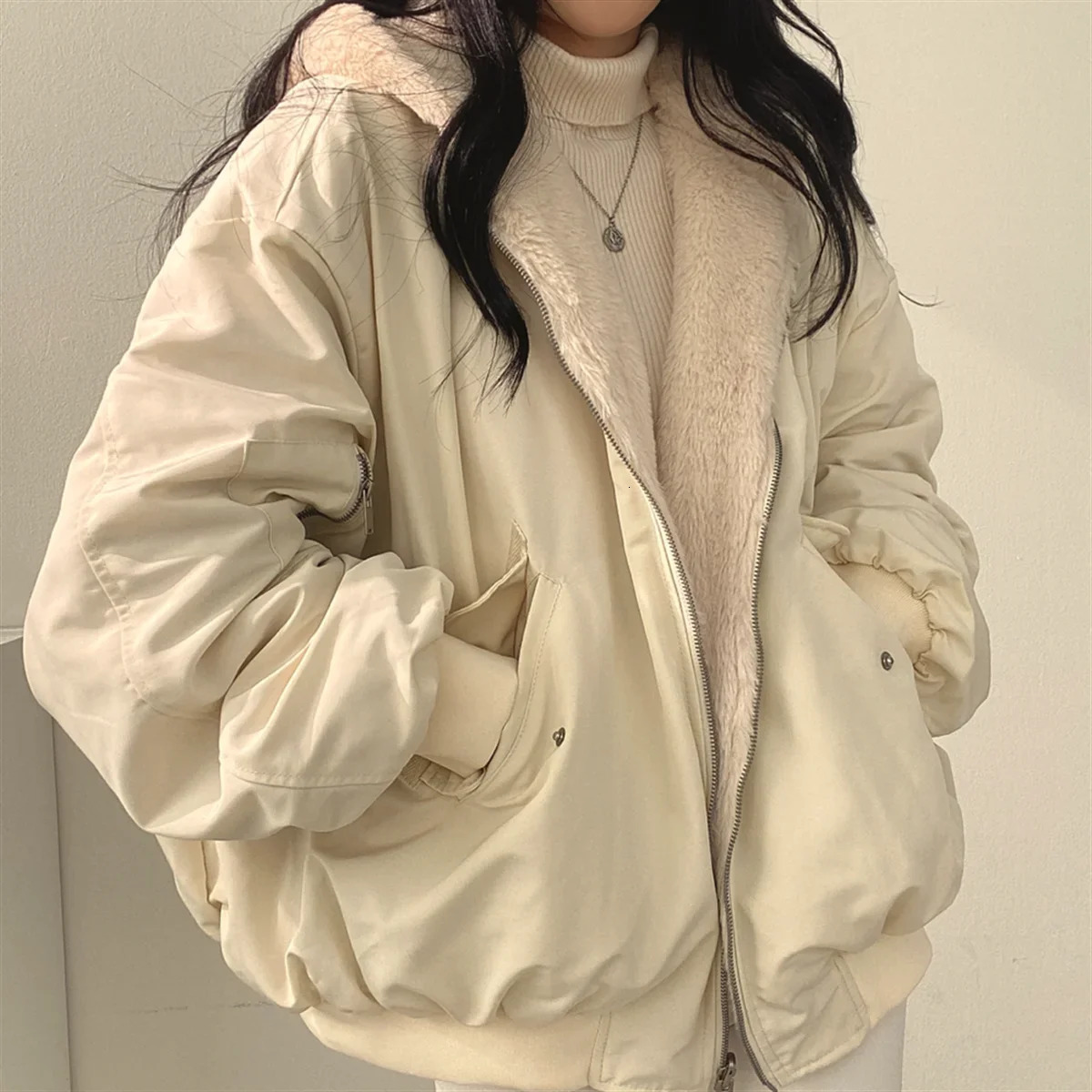 Winter Thicken Warm Parka Oversized Kawaii Double Sided Hooded Coat Ladies Korean Fashion Casual Loose Zip Up Jackets 241125