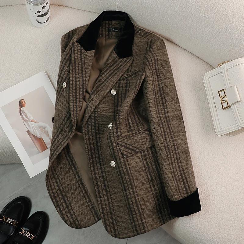 Autumn Winter New Blazer Coats Women's Woolen Jackets Long Sleeve Plaid Print Vintage Thick Outerwears Elegant Jaqueta Feminina