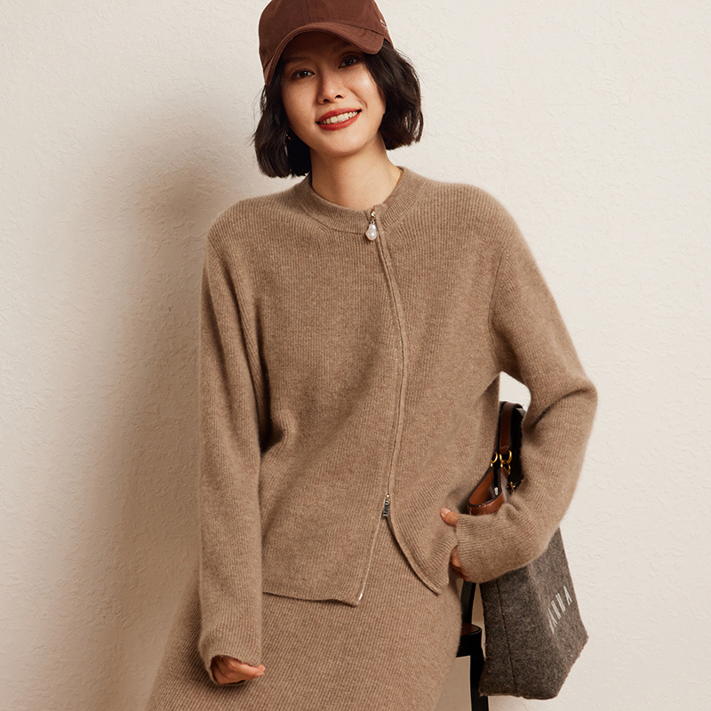 Double Zipper Cardigan Women's Autumn Winter French Fashion Long Sleeved Solid Color Round Neck Cashmere Knitted Jacket