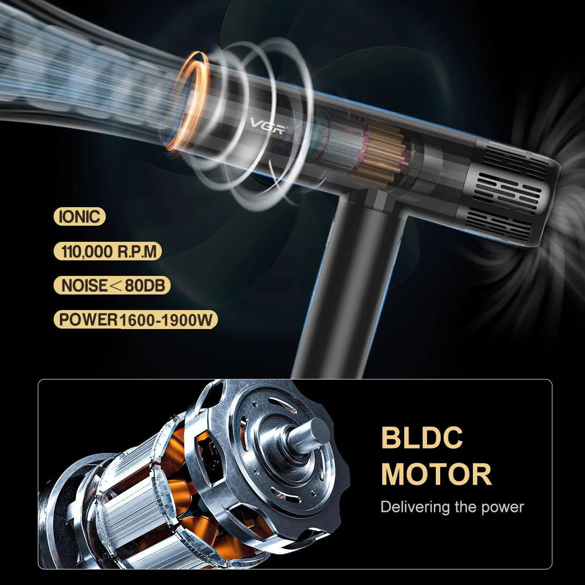 VGR Professional Air Blower Brushless Motor Hine 110000 RPM Hair Dryer Negative Ion Barber Salon V-427