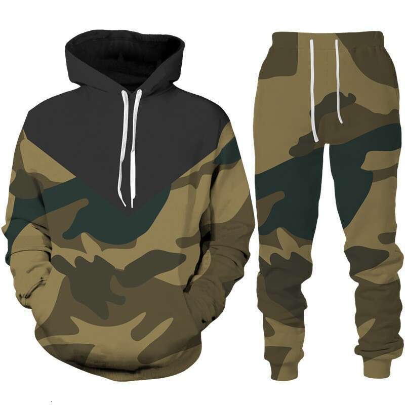 2024 autumn and winter new camouflage 3D digital printing daily men's hooded casual loose hoodie set