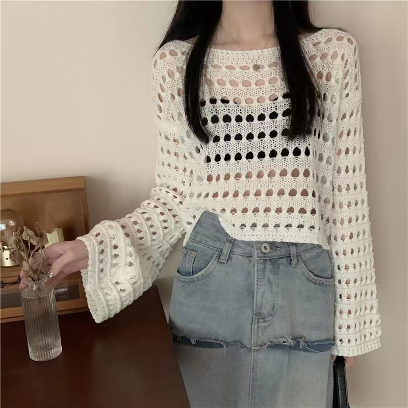 New loose and lazy style solid color top shirt for early autumn, Korean hollow knit designer women's sweater