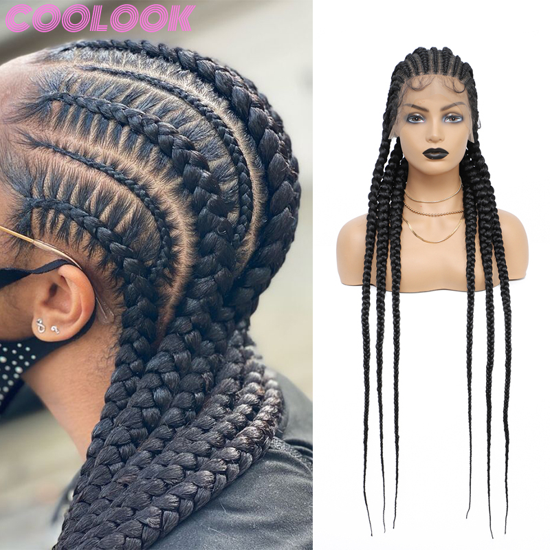 360 Full Box For Black Women Cornrow Braided Synthetic Wig With Baby Hair 36 Inch Long Braid Lace Frontal Wigs