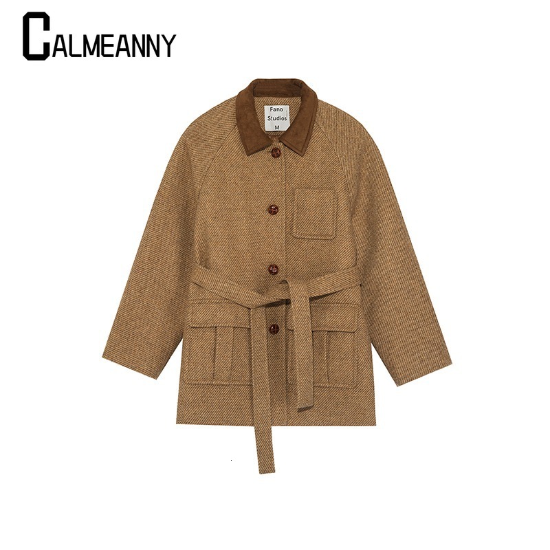 2024 Autumn Winter New Style Fashion Women's Coats Casual Loose Versatile Retro High Quality Pockets Belt Tweed Coat