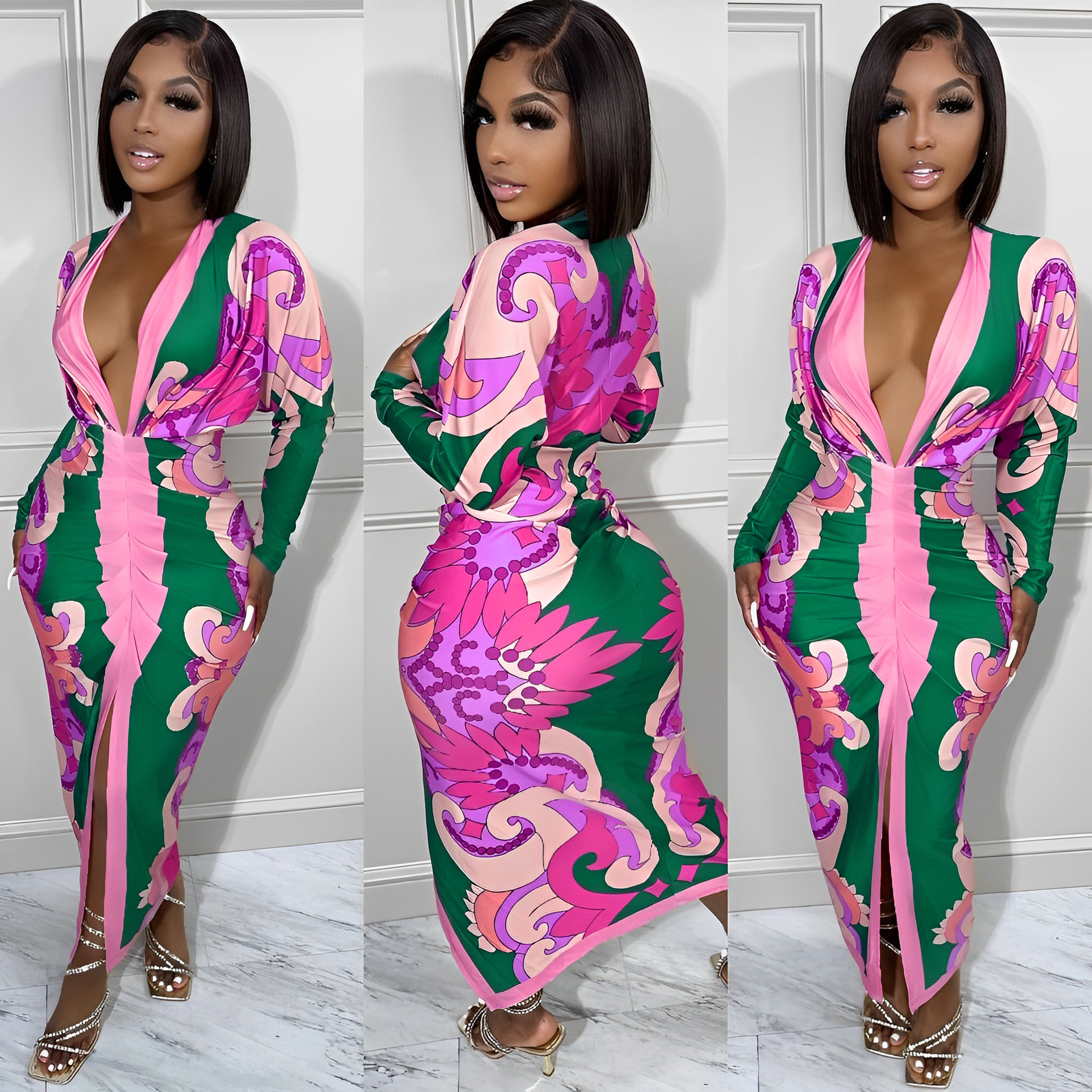 Large Striped Printed Long Sleeved SEXY DRESSES FOR WOMEN maxi dress Dress