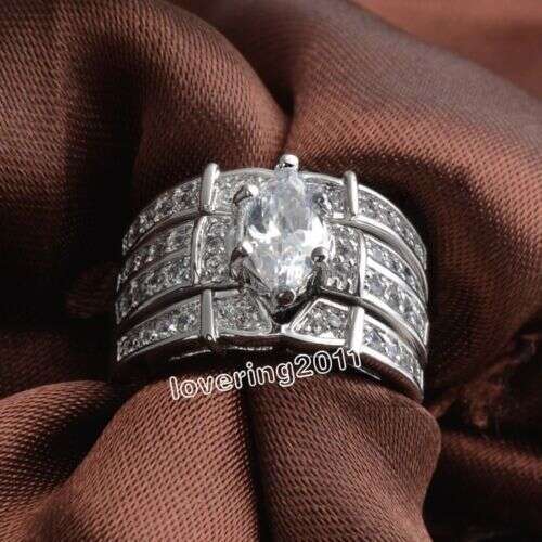 14KT White Gold Filled Marquise Topaz 3-Piece Wedding Band Set for Women - 8ct Topaz, Prong Setting, Sizes 6-10 b37a