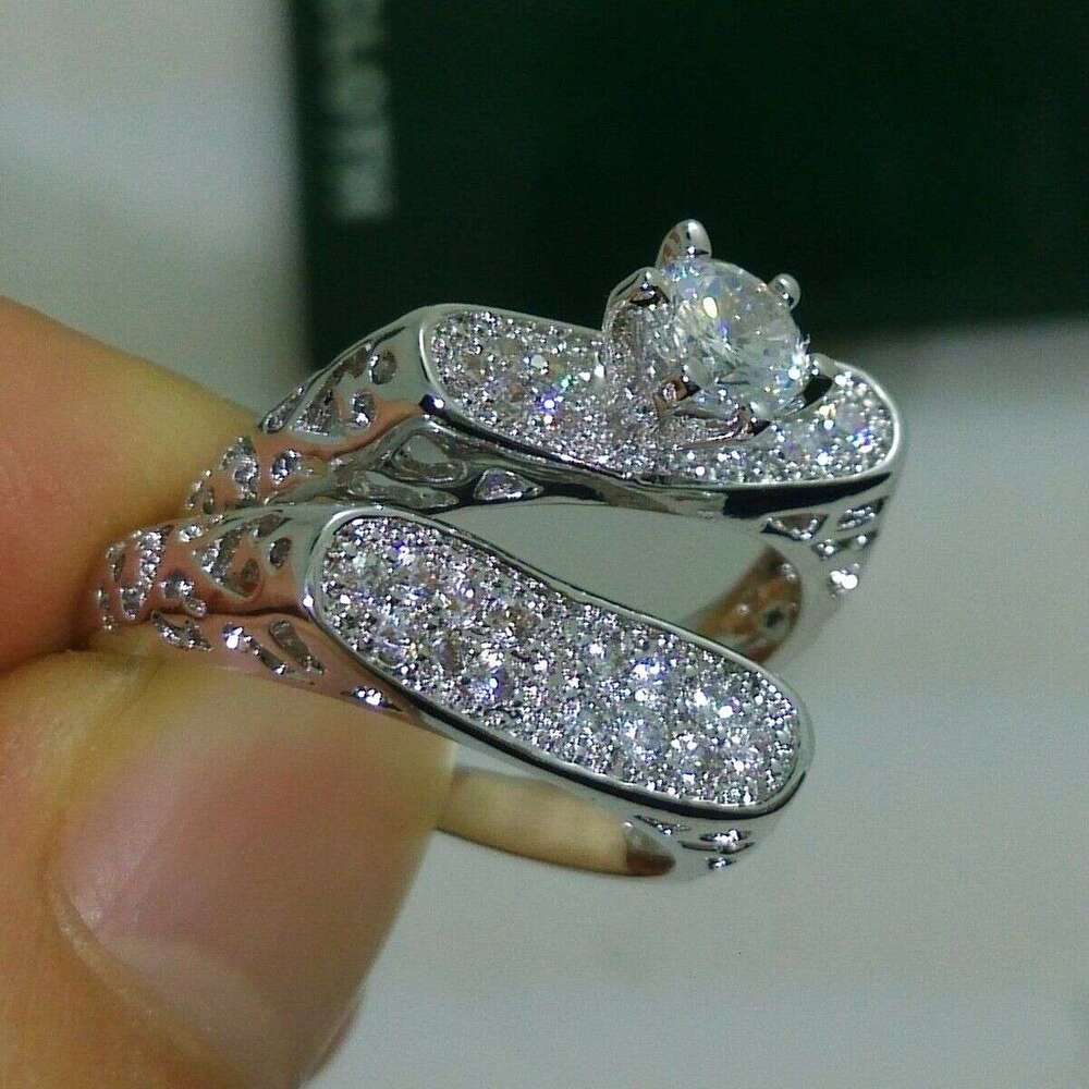 10kt Gold Filled White Topaz CZ Gemstone Bridal Wedding Ring Set (Size 6-10)