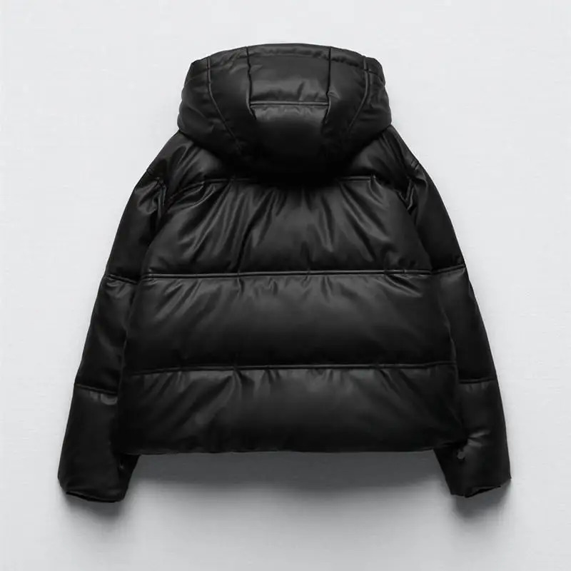 Winter Women Faux Leather Puffer Jacket 2024 Warm PU Snow Hooded Parka Female Casual Loose Coat Zipper Long Sleeve Overcoat 241120