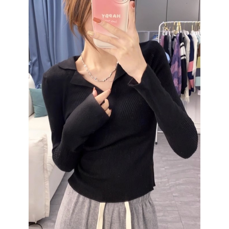 New French style niche collar knitted early autumn new design sense basic shirt slim fit designer women's top