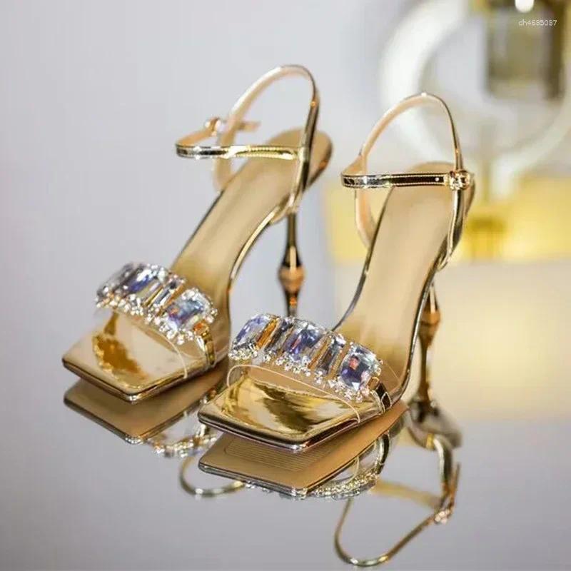 Sandals Gold Sier High Heels Women Summer Square Toe Shiny Crystal Woman Ankle Straps Thin Heel Party Pumps Shoes hurenlakeshoes hurenlakeshoes