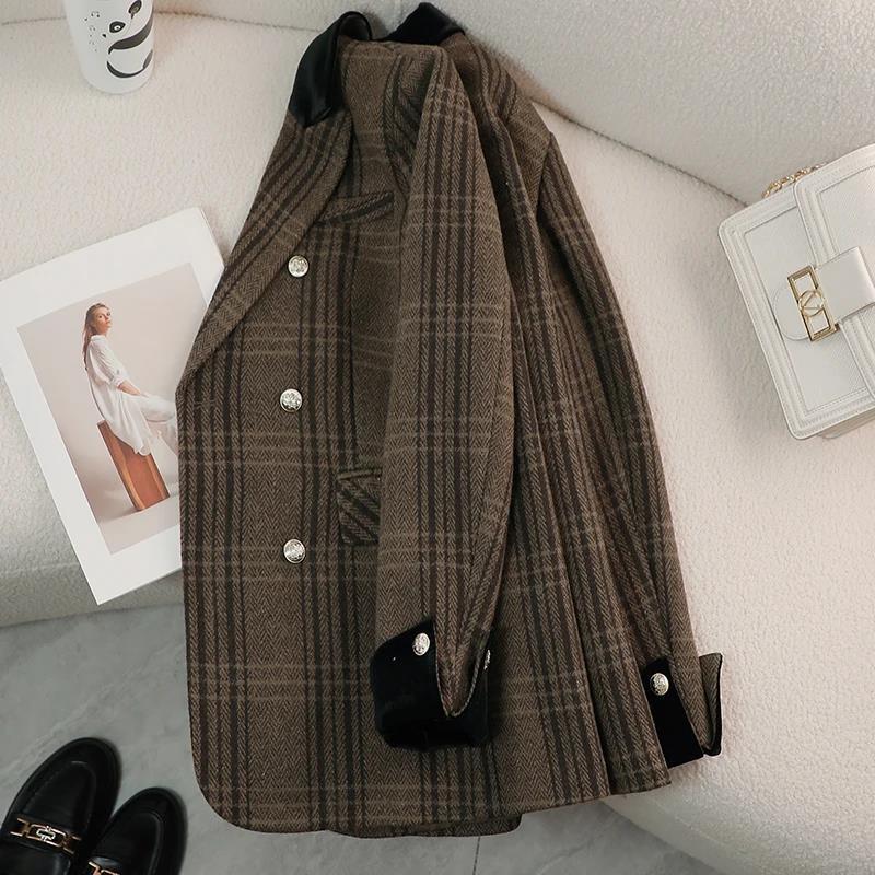 Autumn Winter New Blazer Coats Women's Woolen Jackets Long Sleeve Plaid Print Vintage Thick Outerwears Elegant Jaqueta Feminina